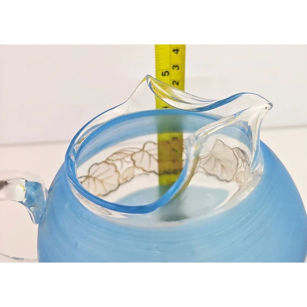 Vintage Mid Century Pastel Gold Leaf Frosted Blue Clear Glass Juice Pitcher 6 in